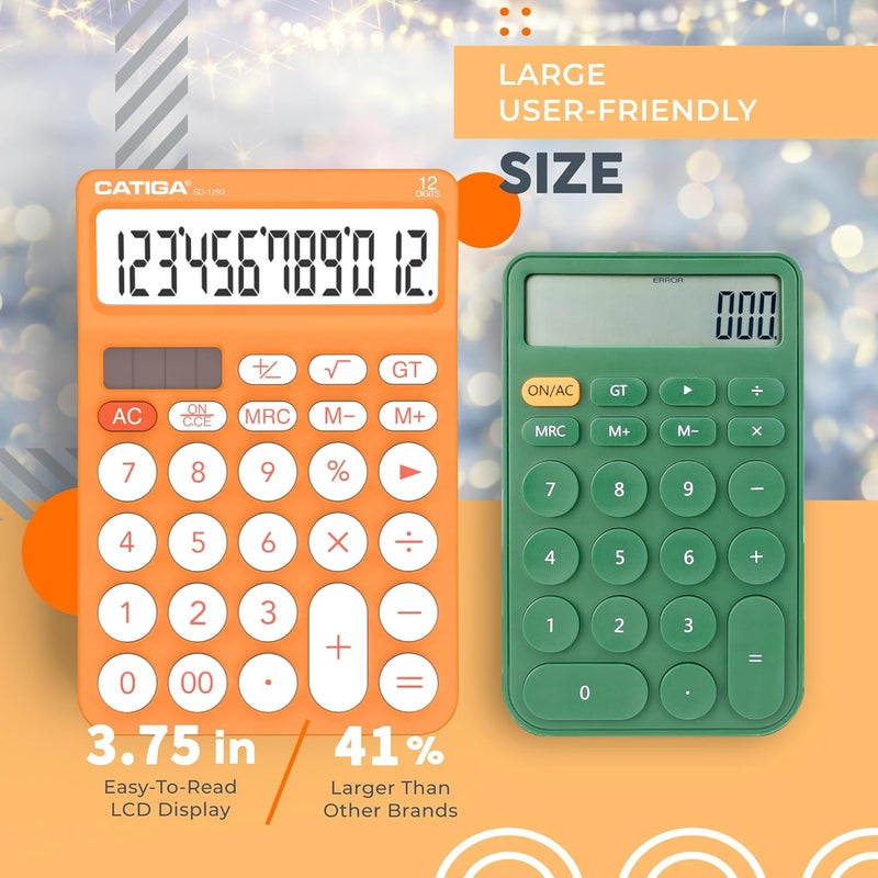CATIGA 12 Digit Desktop Calculator Basic Desk Calculator with Large LCD Display, Big Buttons, 4 Function, Solar and Battery Dual Power, for Office, School, Home, SD-1292 Orange - Image 3